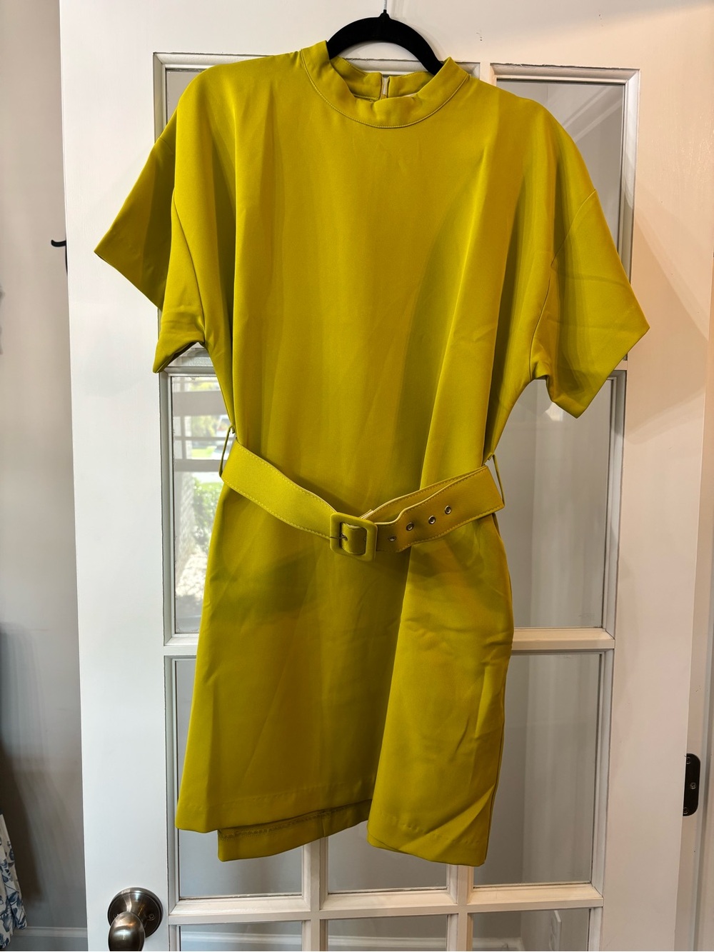 Ellison Chartreuse Belted Short-Sleeve Mini Dress